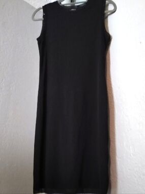 Y2K DKNY 90s Vintage LBD Black Sheer Layered Dress Sequin Trim Stretch Punk Glam